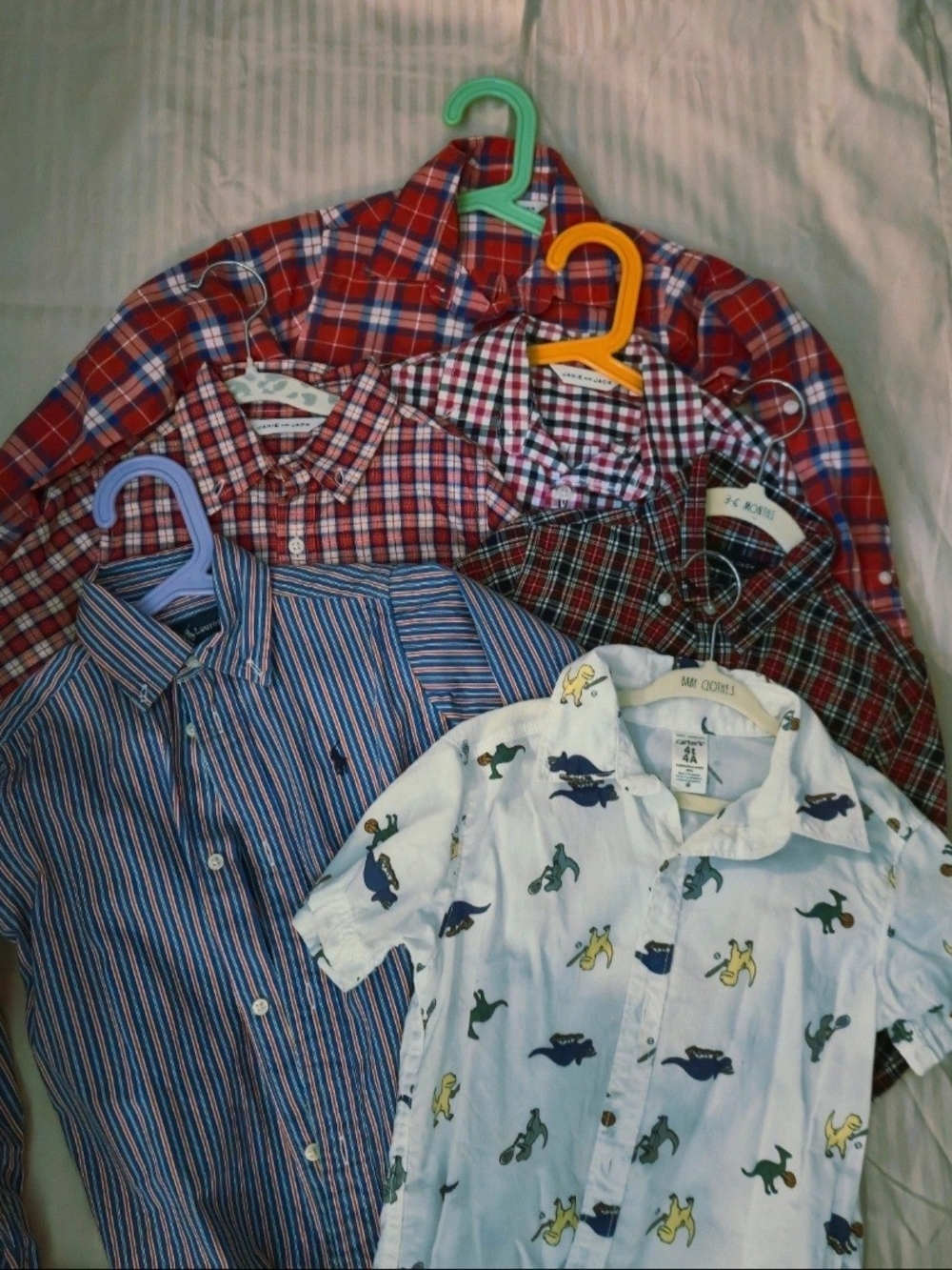 Bundle Mixed Boys Button-Down Shirts — White Dino & Plaid/Striped Set